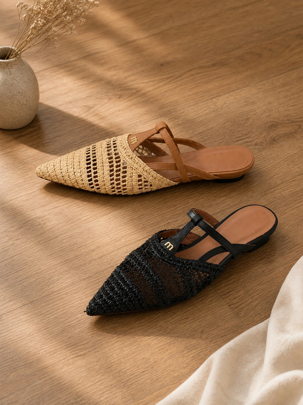 Pointed-Toe Crochet Leather Slide Sandals
