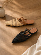Pointed-Toe Crochet Leather Slide Sandals