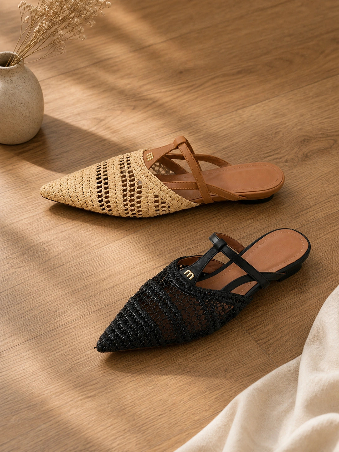 Pointed-Toe Crochet Leather Slide Sandals