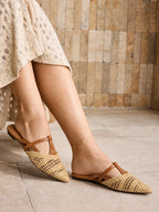 Pointed-Toe Crochet Leather Slide Sandals