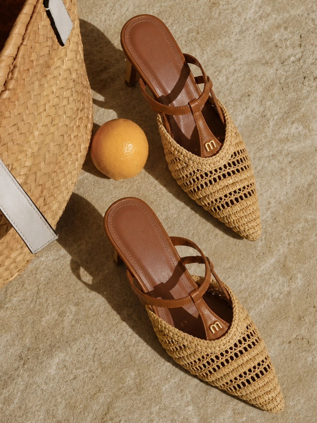 Pointed-Toe Crochet Leather Slide Sandals