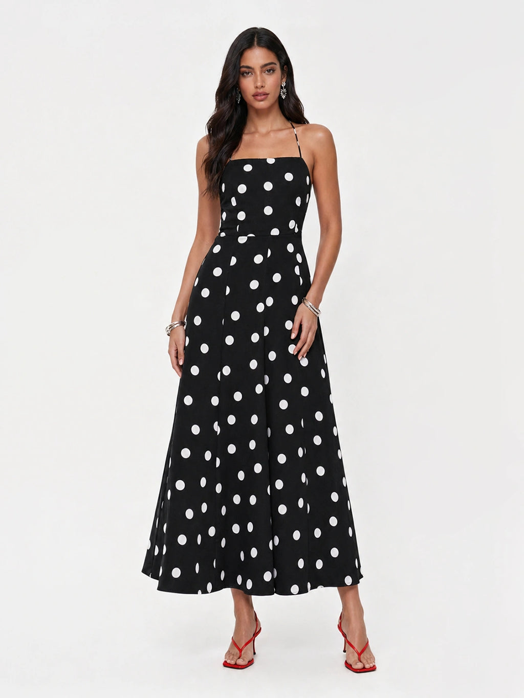 Polka Dot Backless Halter Maxi Dress