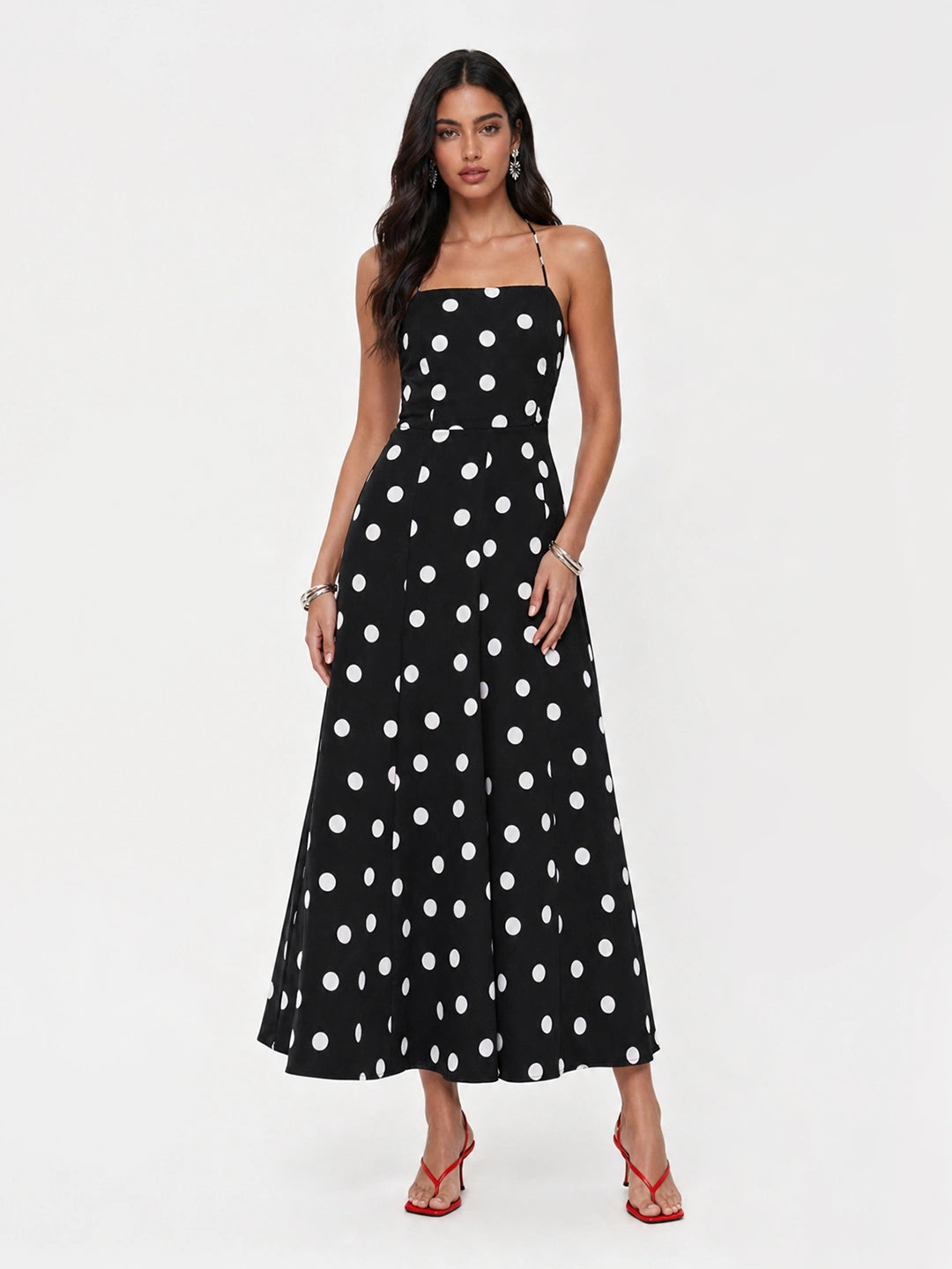Polka Dot Backless Halter Maxi Dress