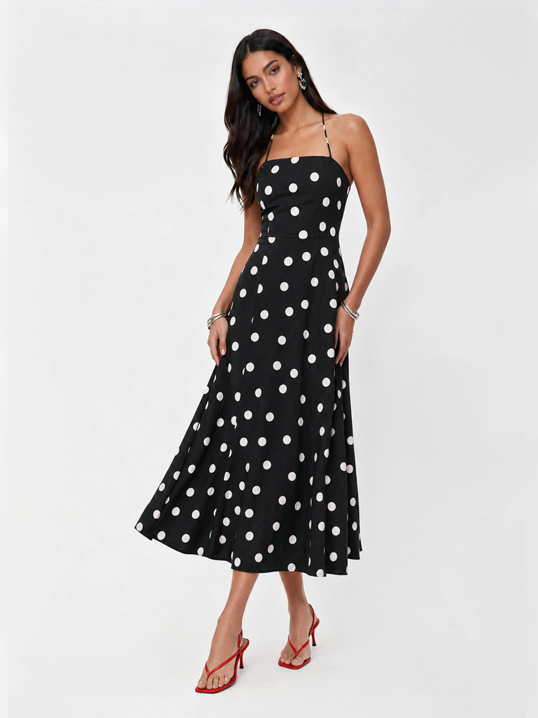 Polka Dot Backless Halter Maxi Dress