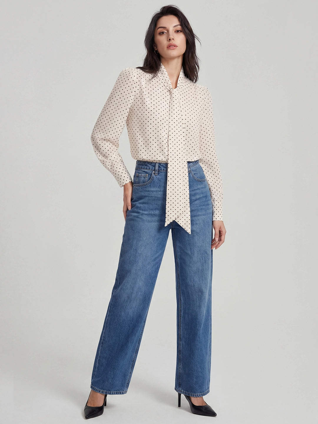 Polka Dot Jacquard Tie-Neck Halter Blouse