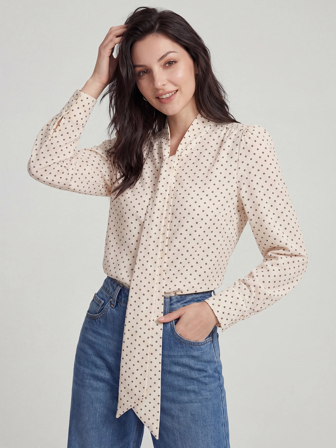 Polka Dot Jacquard Tie-Neck Halter Blouse