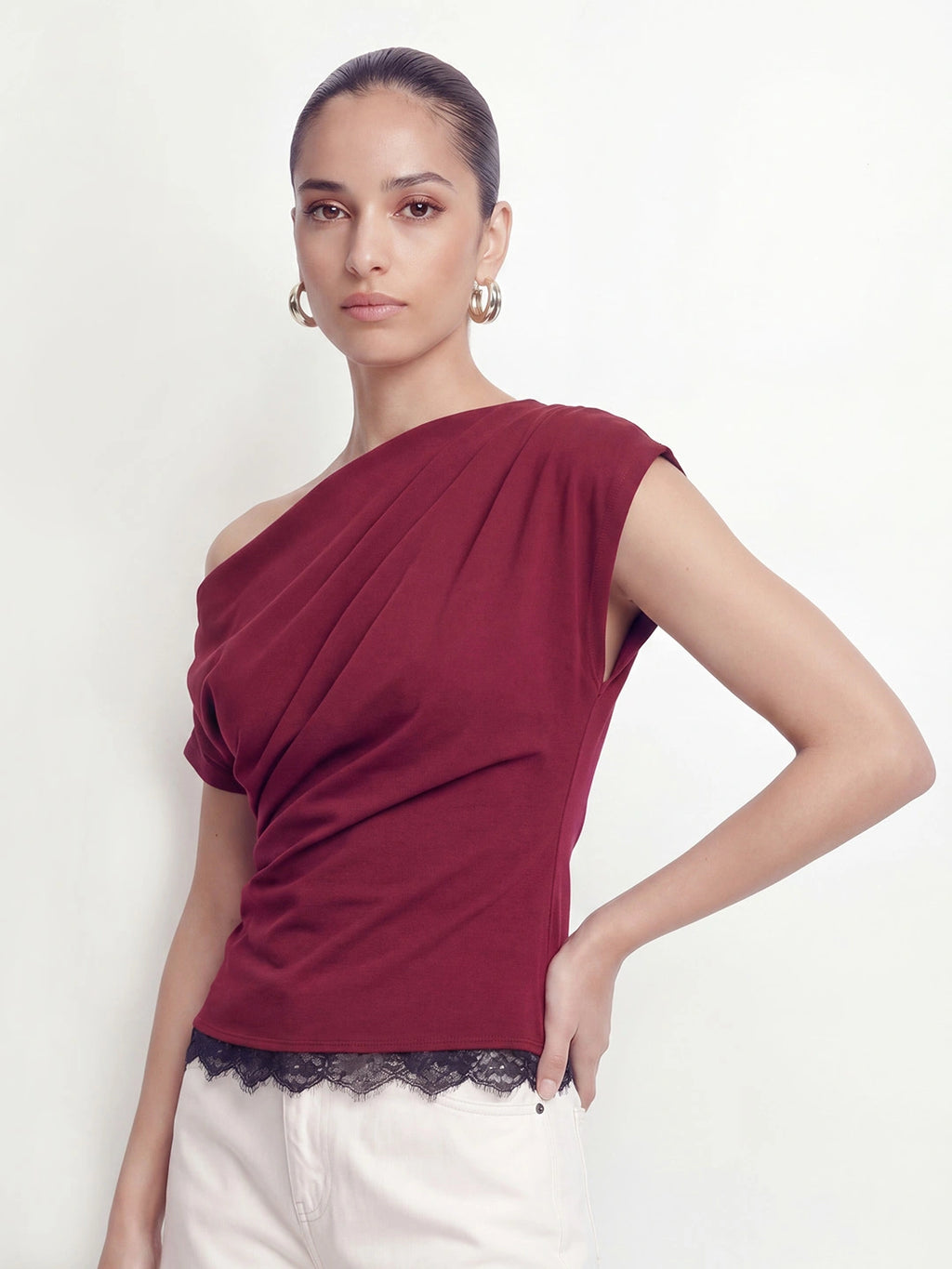 Polka Dot One Shoulder Lace Trim Top