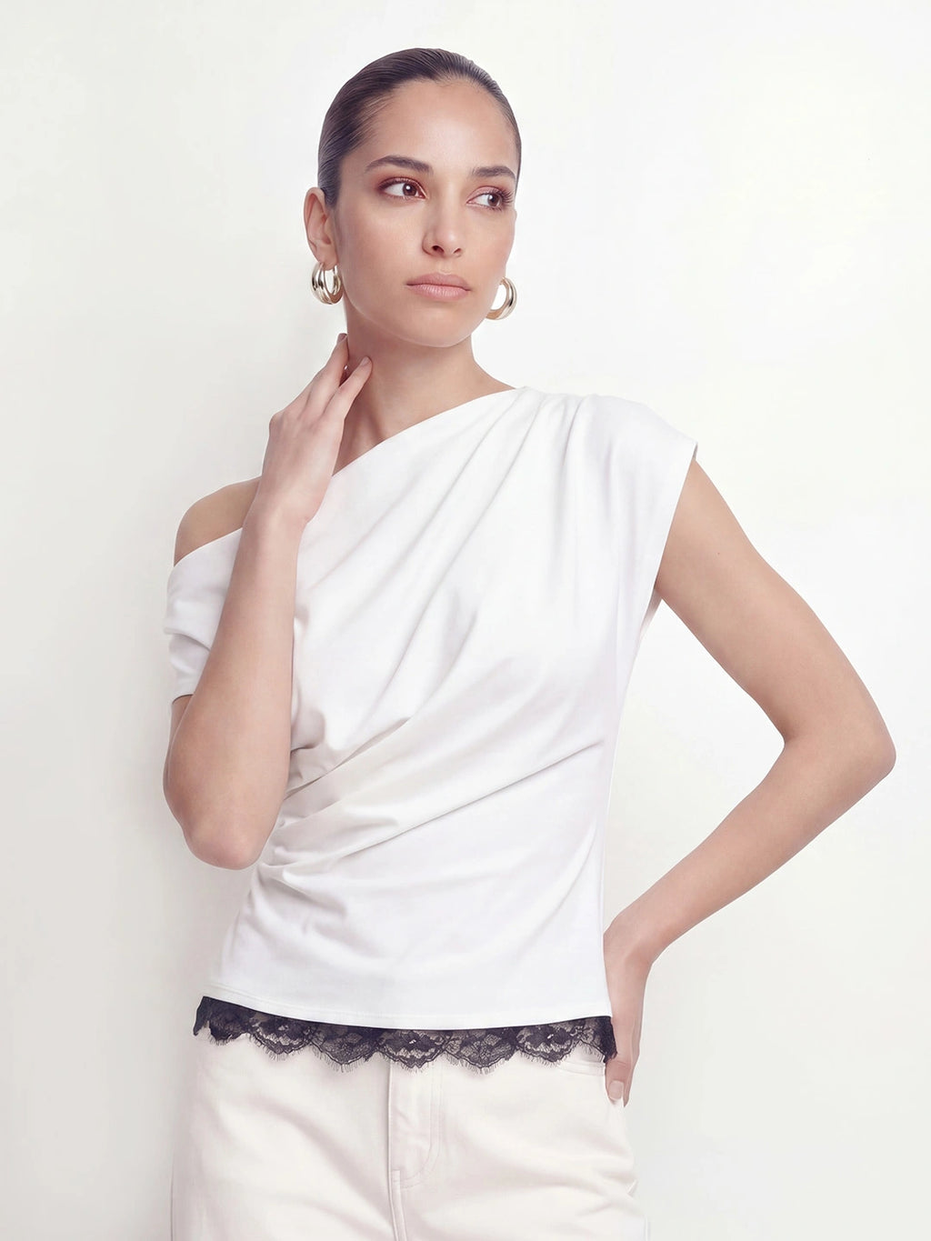Polka Dot One Shoulder Lace Trim Top
