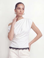Polka Dot One Shoulder Lace Trim Top