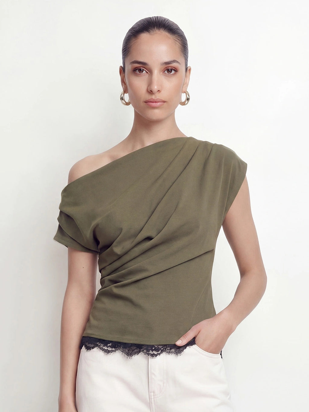 Polka Dot One Shoulder Lace Trim Top