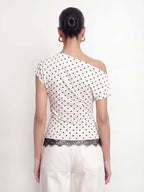 Polka Dot One Shoulder Lace Trim Top