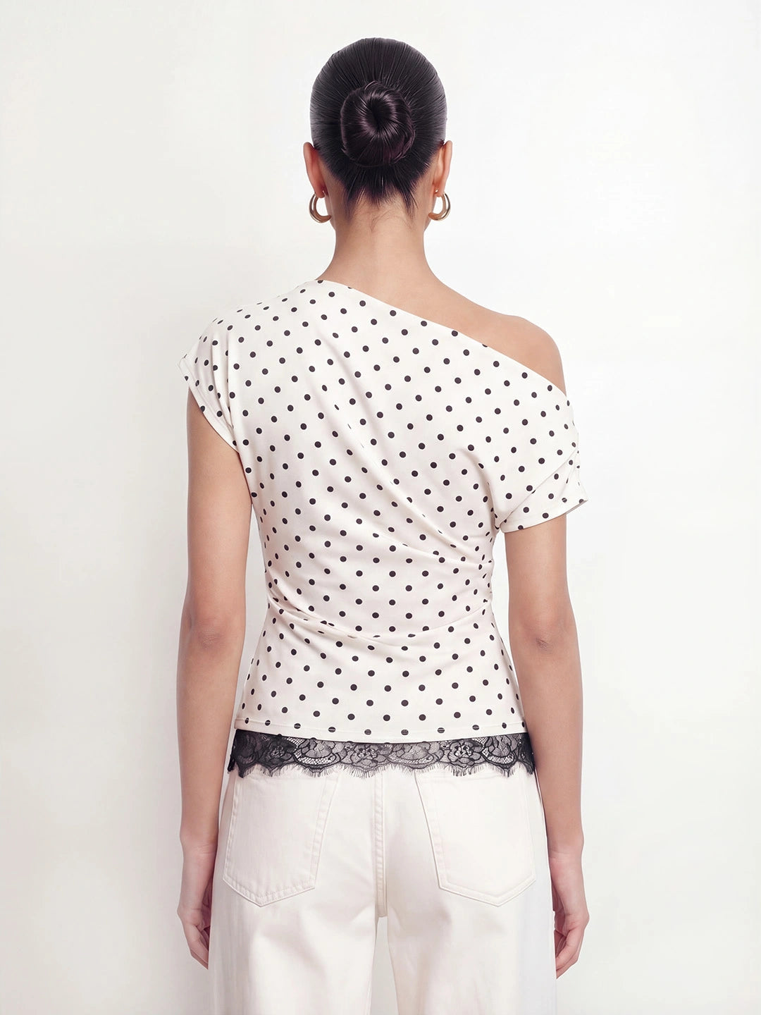 Polka Dot One Shoulder Lace Trim Top
