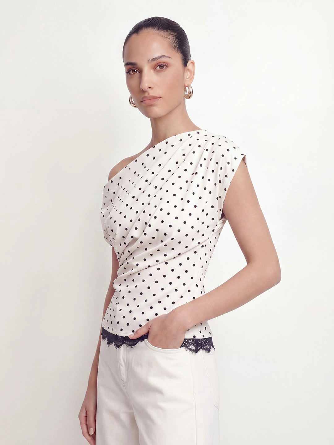 Polka Dot One Shoulder Lace Trim Top Main image