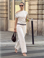 Polka Dot One Shoulder Lace Trim Top