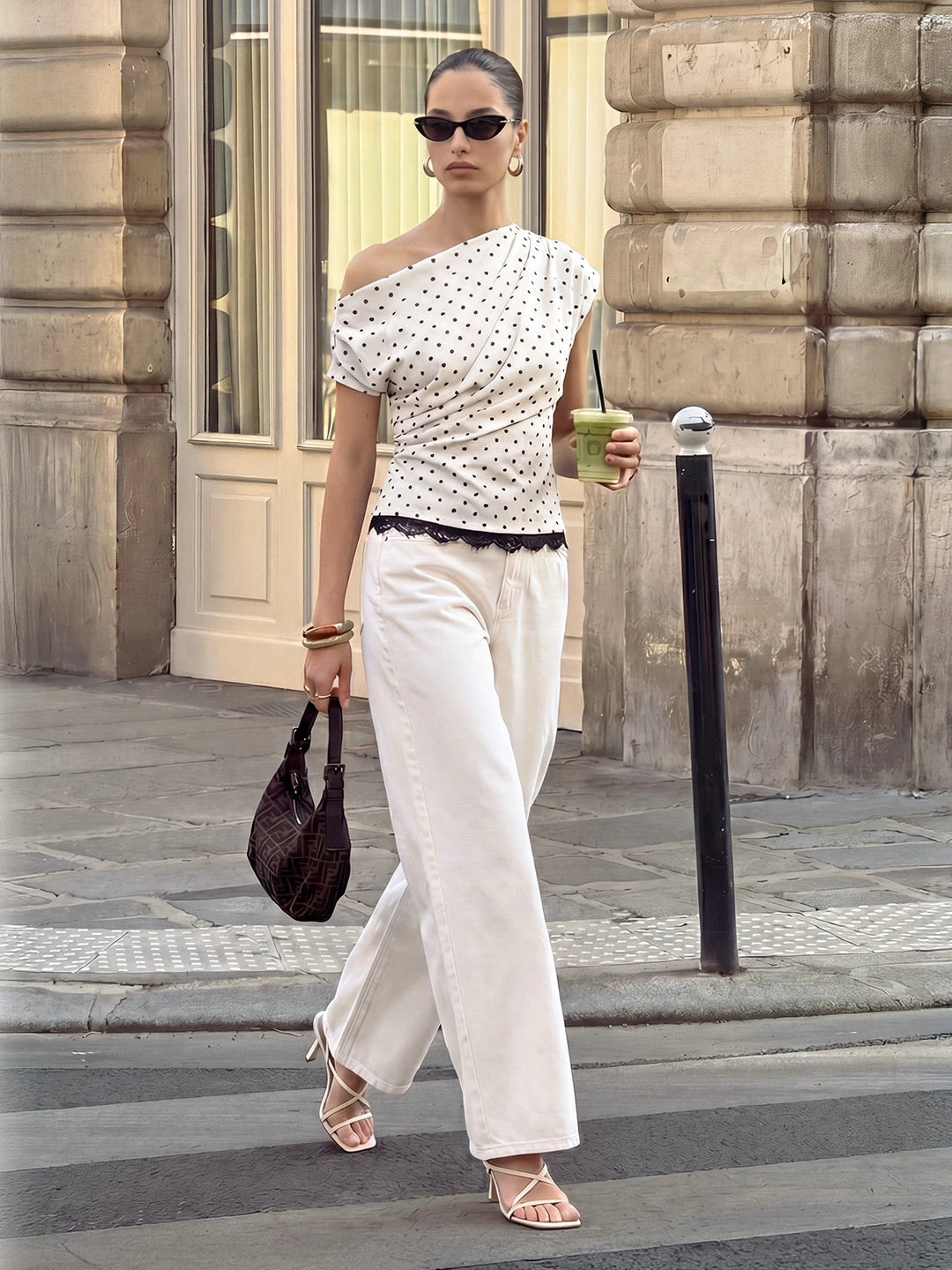 Polka Dot One Shoulder Lace Trim Top