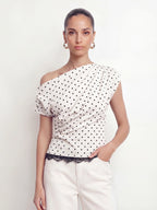 Polka Dot One Shoulder Lace Trim Top