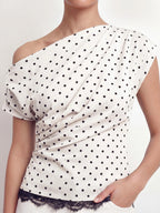 Polka Dot One Shoulder Lace Trim Top