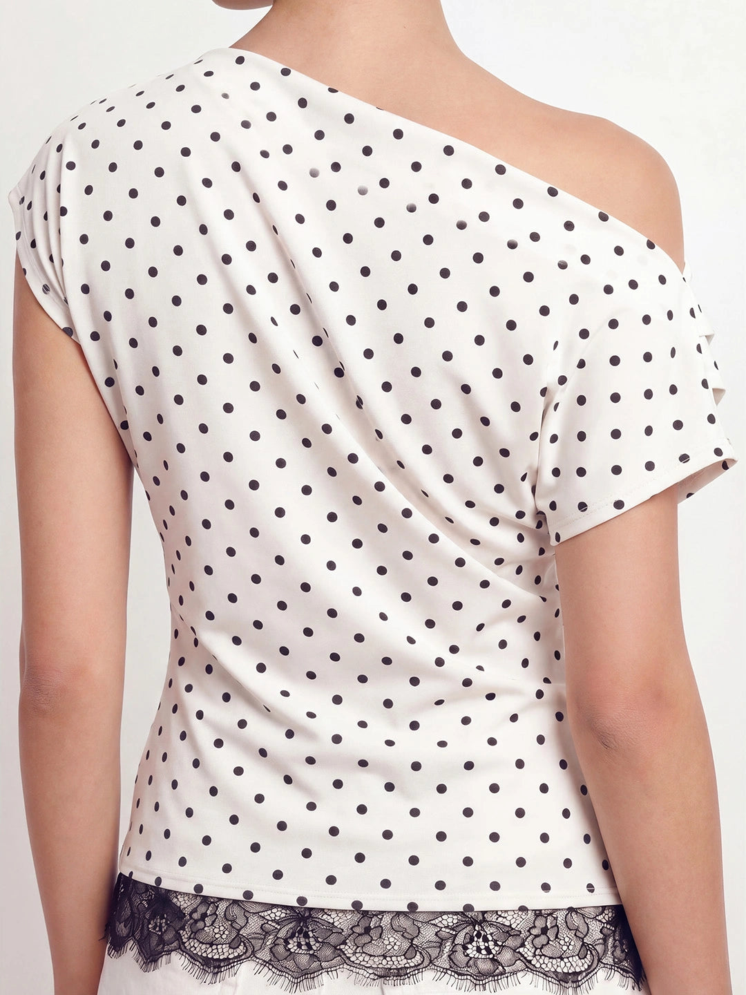 Polka Dot One Shoulder Lace Trim Top