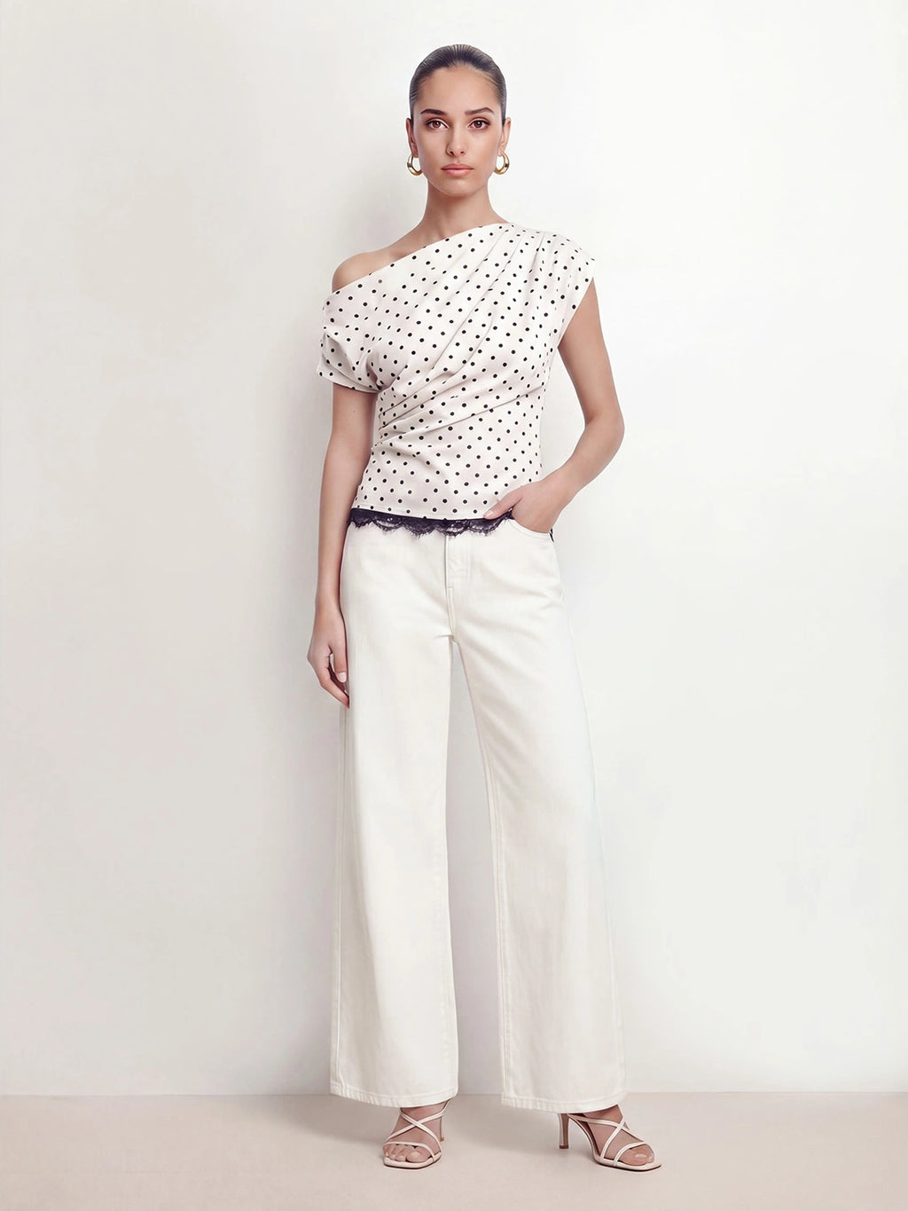 Polka Dot One Shoulder Lace Trim Top