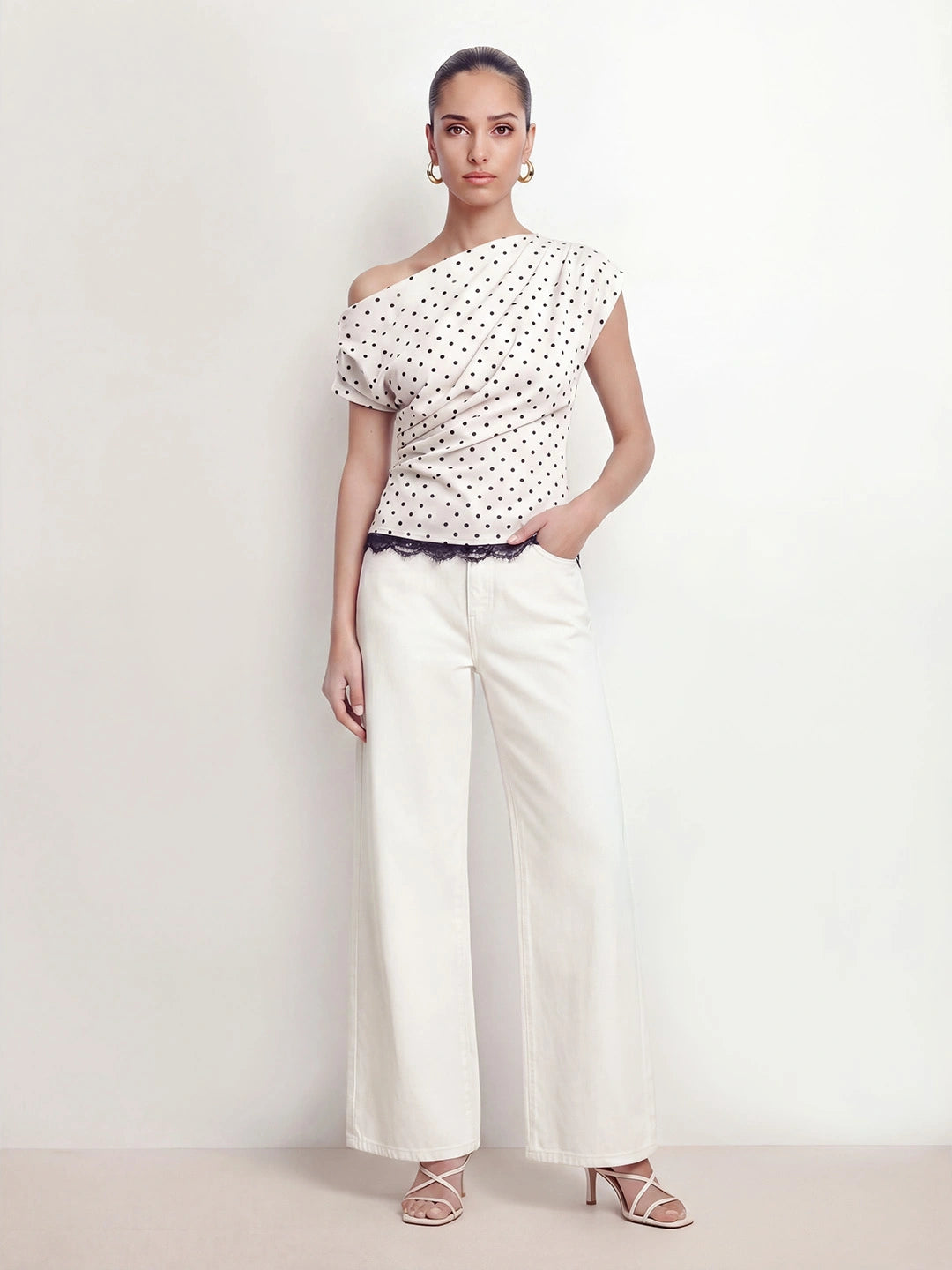 Polka Dot One Shoulder Lace Trim Top
