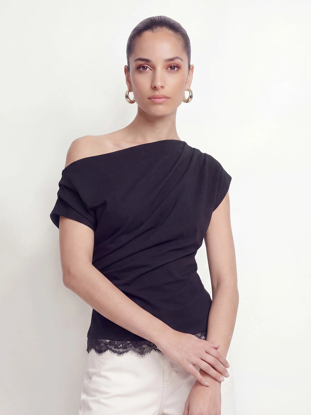 Polka Dot One Shoulder Lace Trim Top