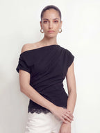 Polka Dot One Shoulder Lace Trim Top