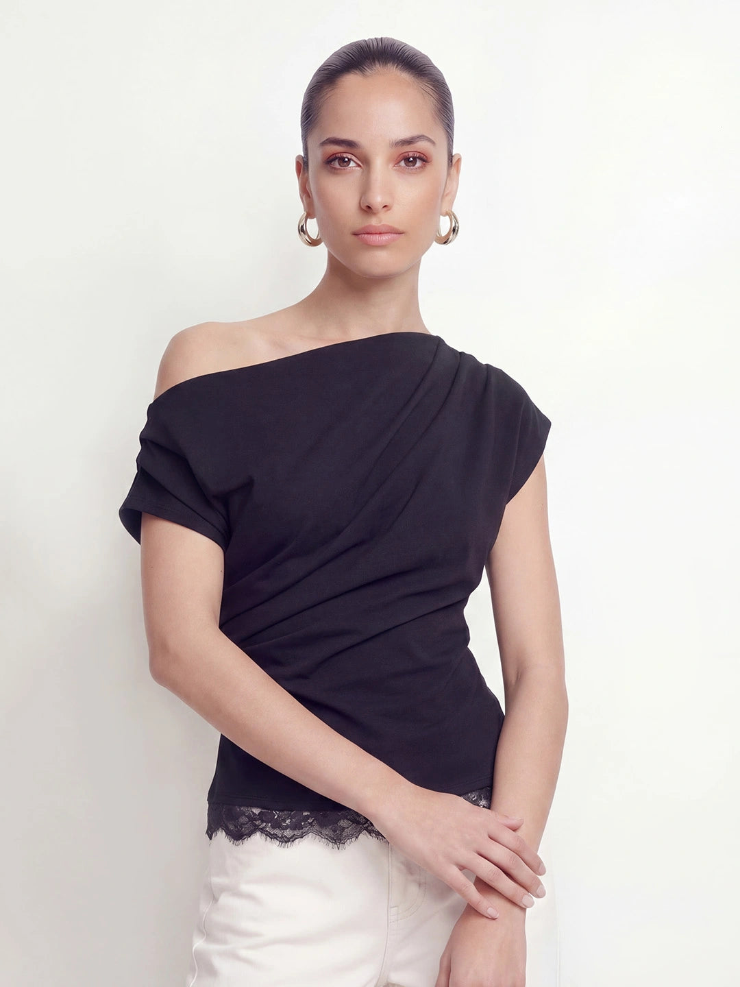 Polka Dot One Shoulder Lace Trim Top