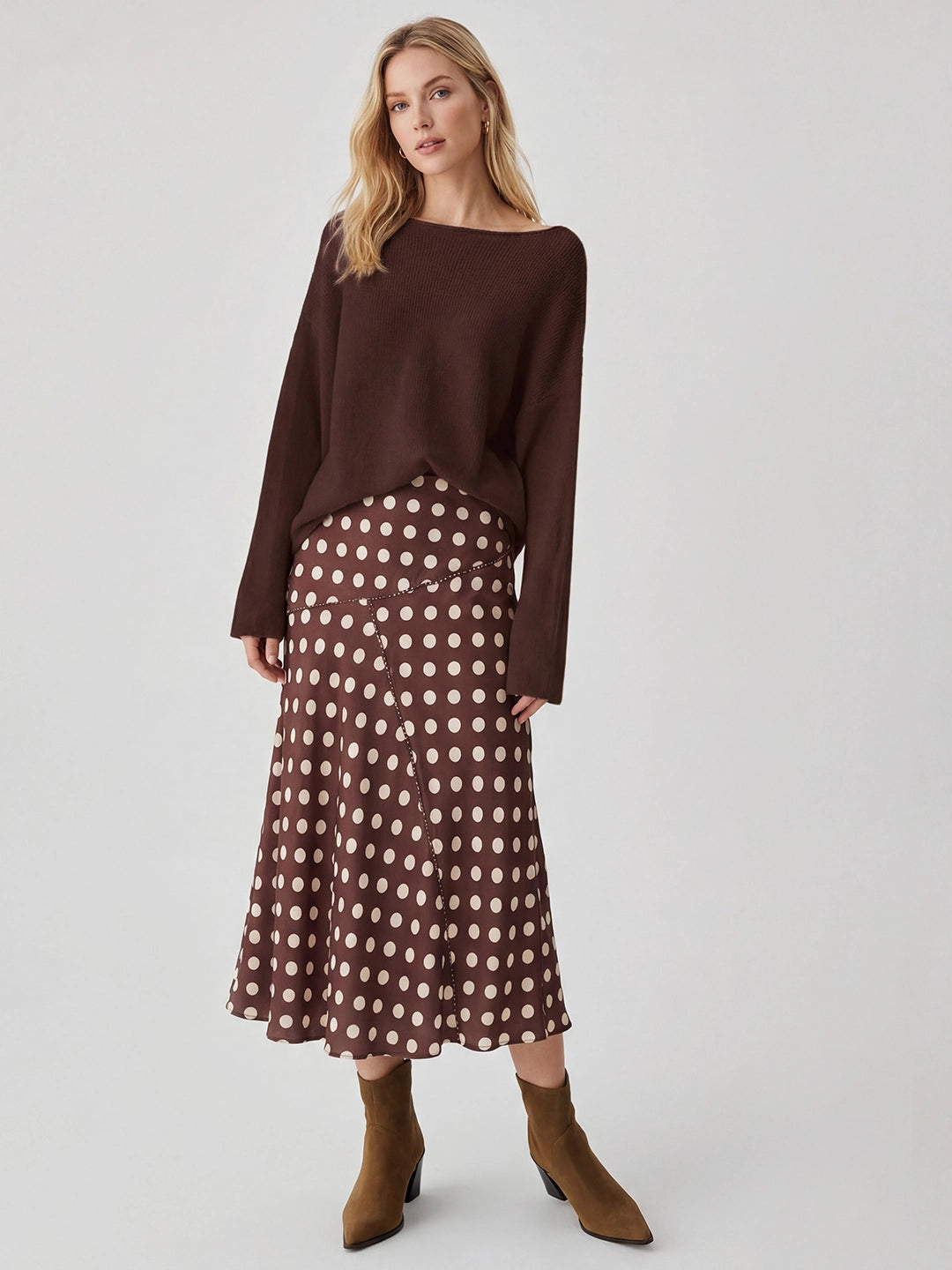 Polka Dot Seamed Satin Midi Skirt