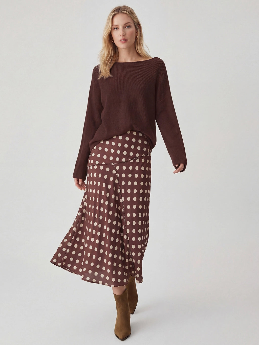 Polka Dot Seamed Satin Midi Skirt
