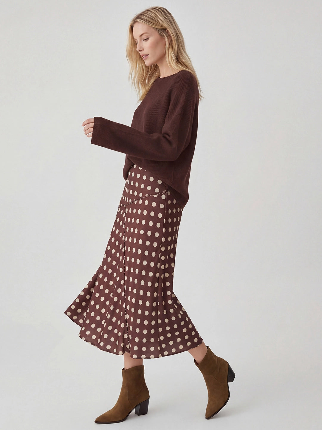 Polka Dot Seamed Satin Midi Skirt