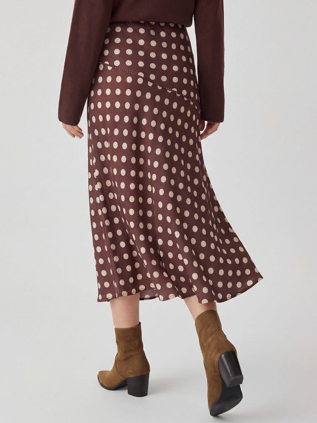 Polka Dot Seamed Satin Midi Skirt