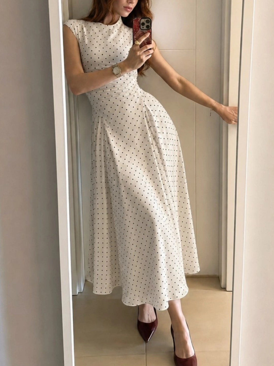 Vintage Polka Dot Ruched Midi Dress
