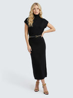 Turtleneck Sleeveless Wool Blend Midi Dress