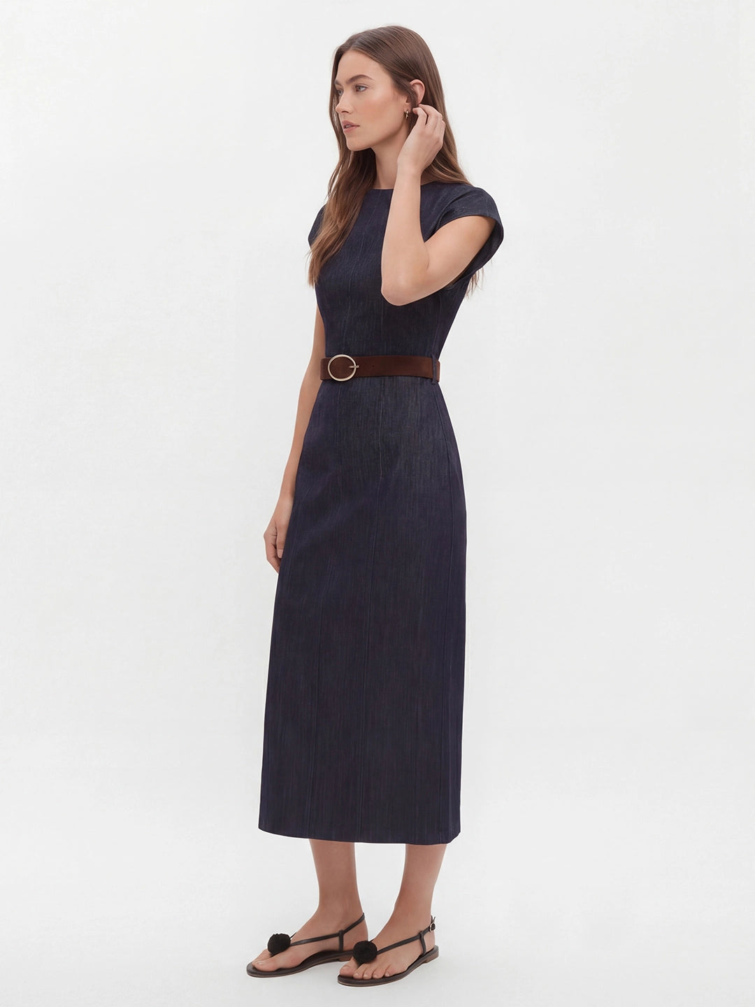 Retro-Chic Belted Denim Midi with Flutter Sleeves Secondary image