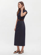 Retro-Chic Belted Denim Midi with Flutter Sleeves