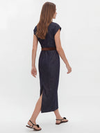 Retro-Chic Belted Denim Midi with Flutter Sleeves