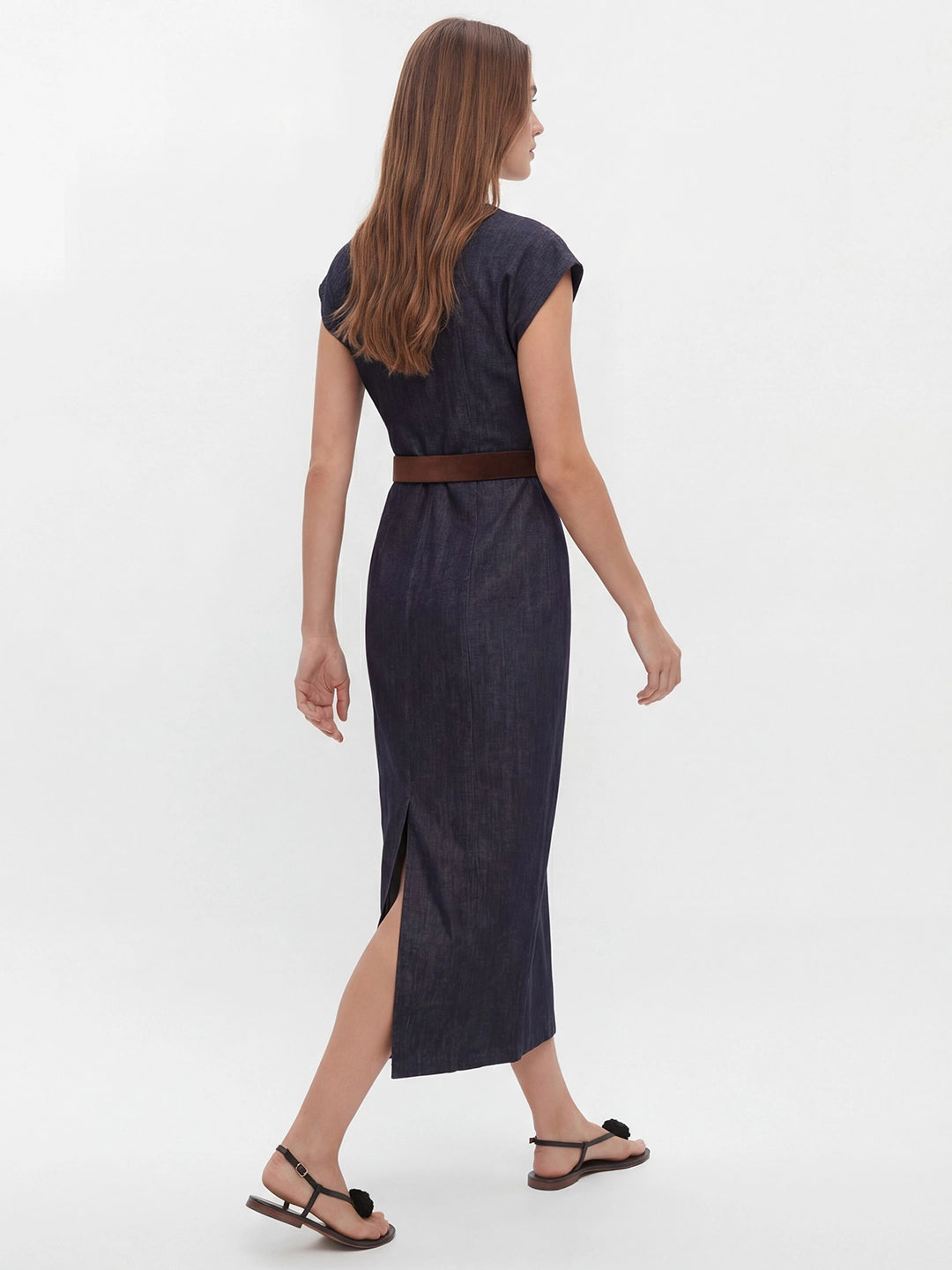 Retro-Chic Belted Denim Midi with Flutter Sleeves