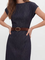 Retro-Chic Belted Denim Midi with Flutter Sleeves