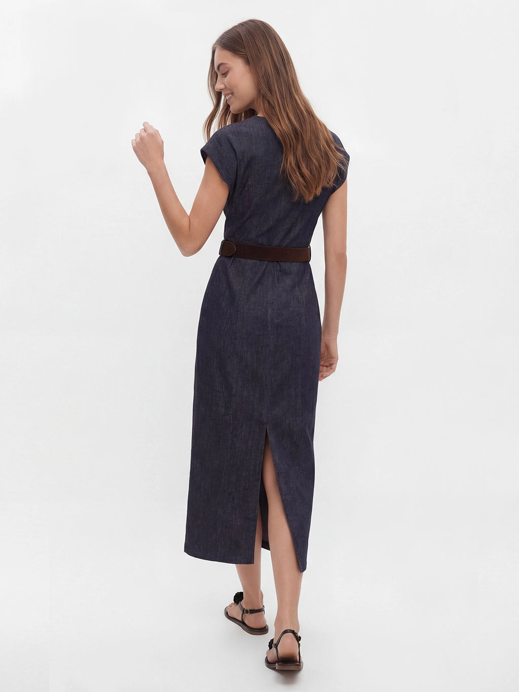 Retro-Chic Belted Denim Midi with Flutter Sleeves