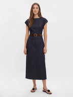 Retro-Chic Belted Denim Midi with Flutter Sleeves