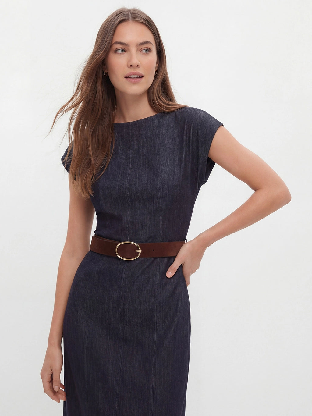 Retro-Chic Belted Denim Midi with Flutter Sleeves