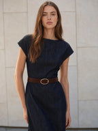 Belted Retro Cap Sleeve Denim Midi Dress