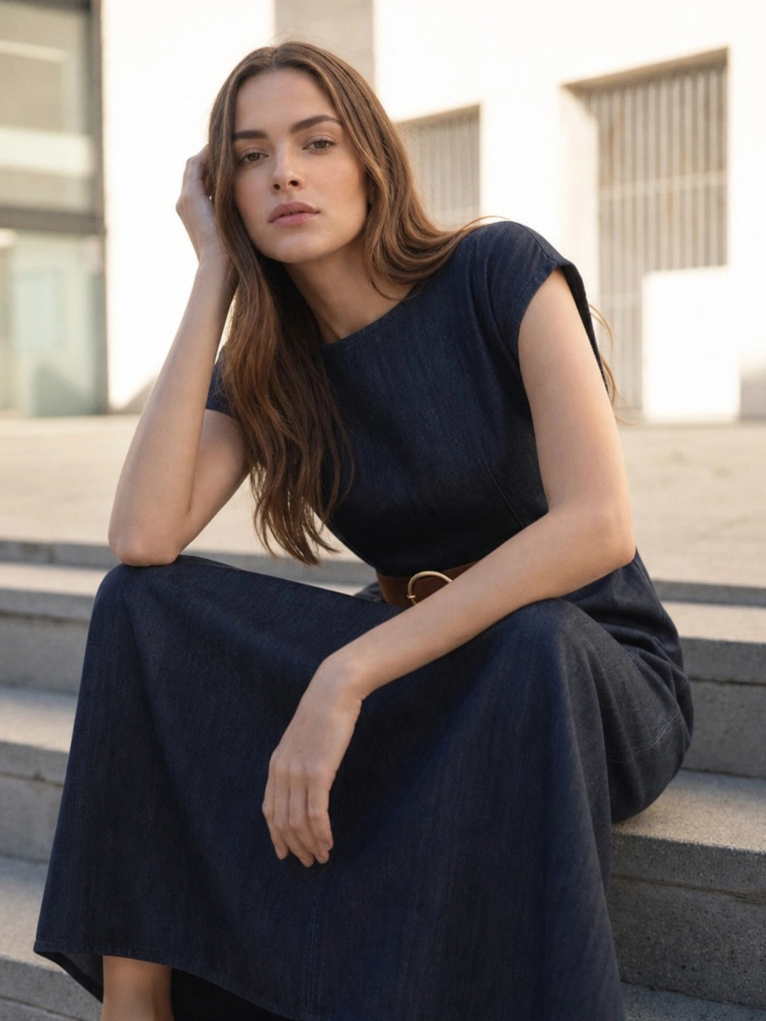 Belted Retro Cap Sleeve Denim Midi Dress Secondary image
