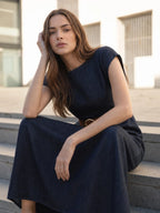 Belted Retro Cap Sleeve Denim Midi Dress