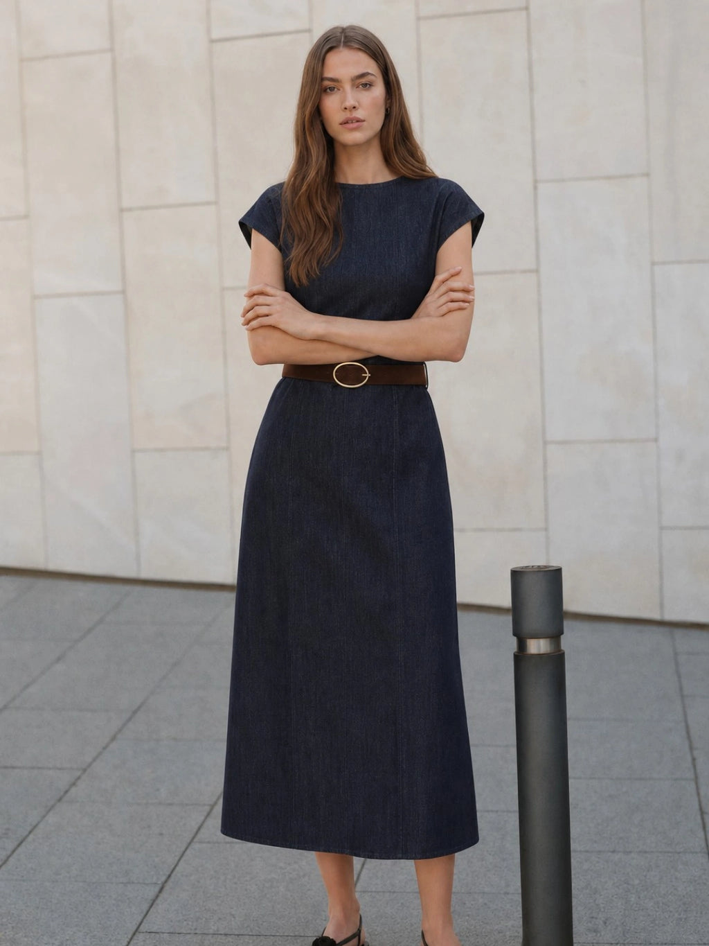 Belted Retro Cap Sleeve Denim Midi Dress