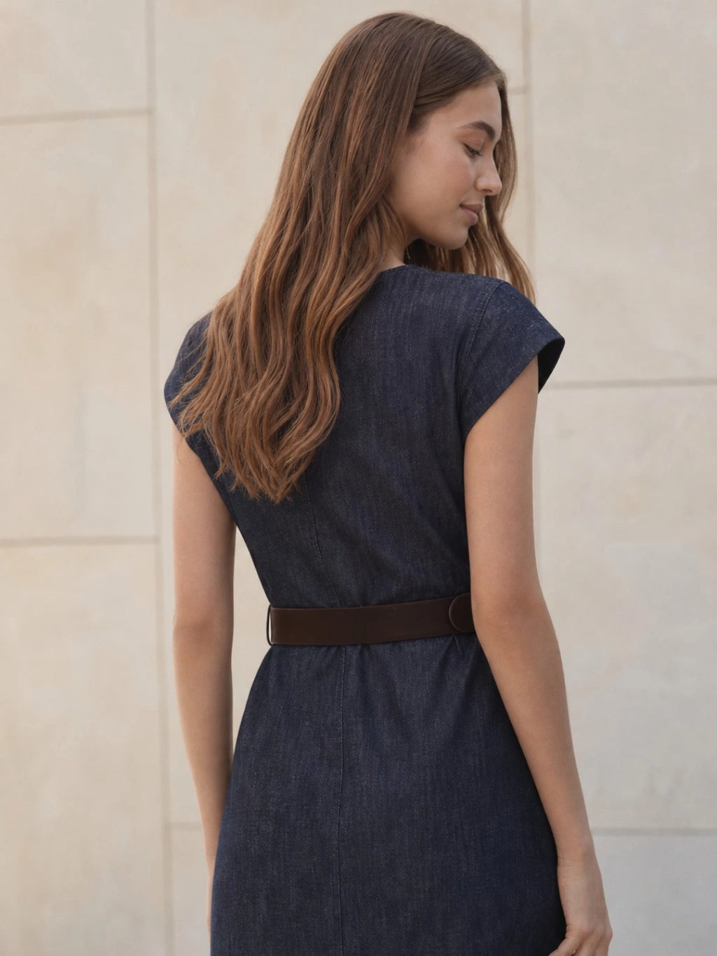 Belted Retro Cap Sleeve Denim Midi Dress
