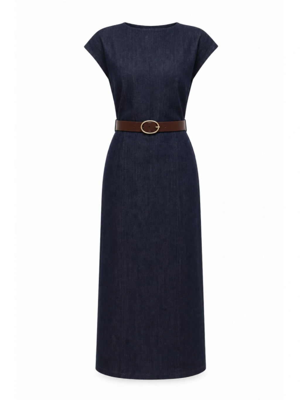 Belted Retro Cap Sleeve Denim Midi Dress