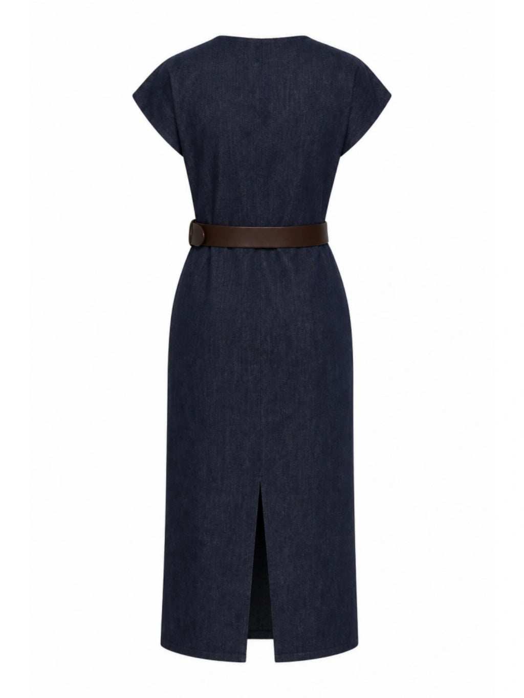 Belted Retro Cap Sleeve Denim Midi Dress