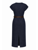 Belted Retro Cap Sleeve Denim Midi Dress