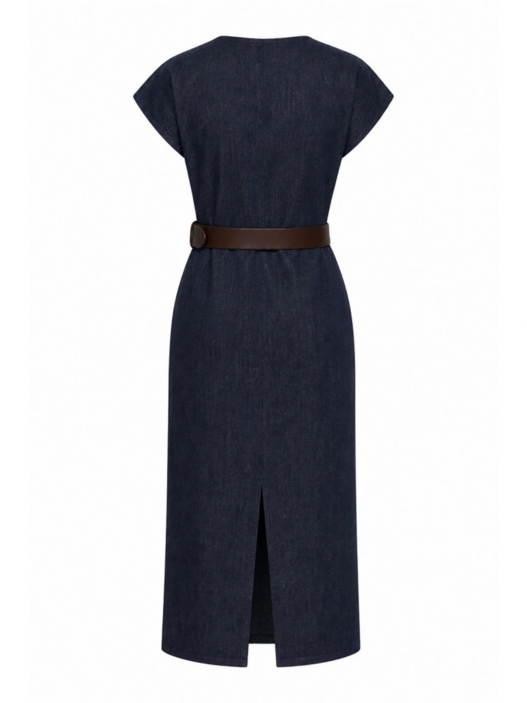 Belted Retro Cap Sleeve Denim Midi Dress
